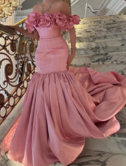 Boat-neck Pleat 3D Flower Open The Shoulder Pink Prom Dress