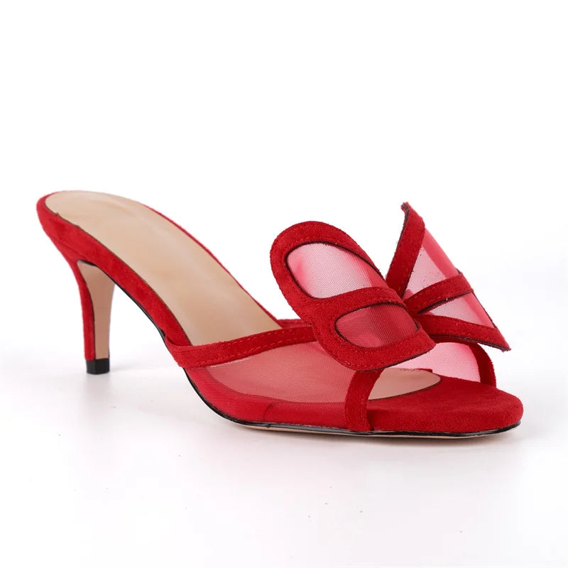 Red kitten heel mesh bow sandals