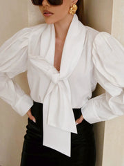 White puff sleeve bow blouse front view