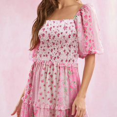 Pink Floral Ruffle Midi Dress | Tiered Empire Waist Romance