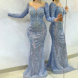 Blue Mermaid Beaded Pearls Evening Dresses Gowns For Women