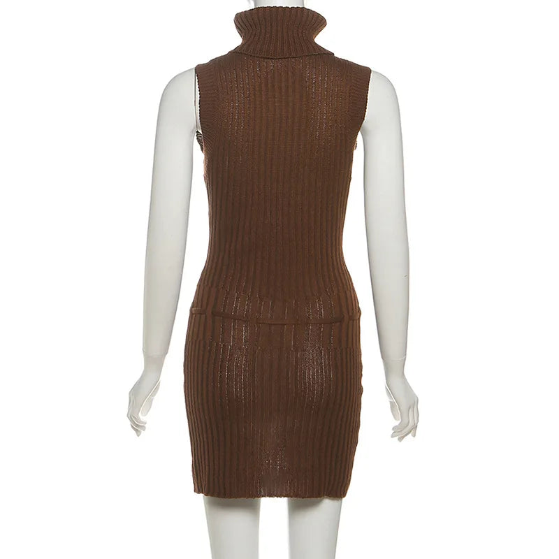 Brown ribbed knit dress on a white mannequin 