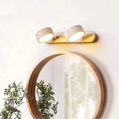 Wall-mounted light fixture above a round mirror with a plant in the foreground.