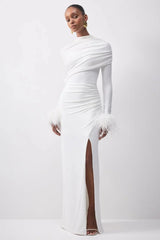 Draped Feather Cuff Maxi Dress