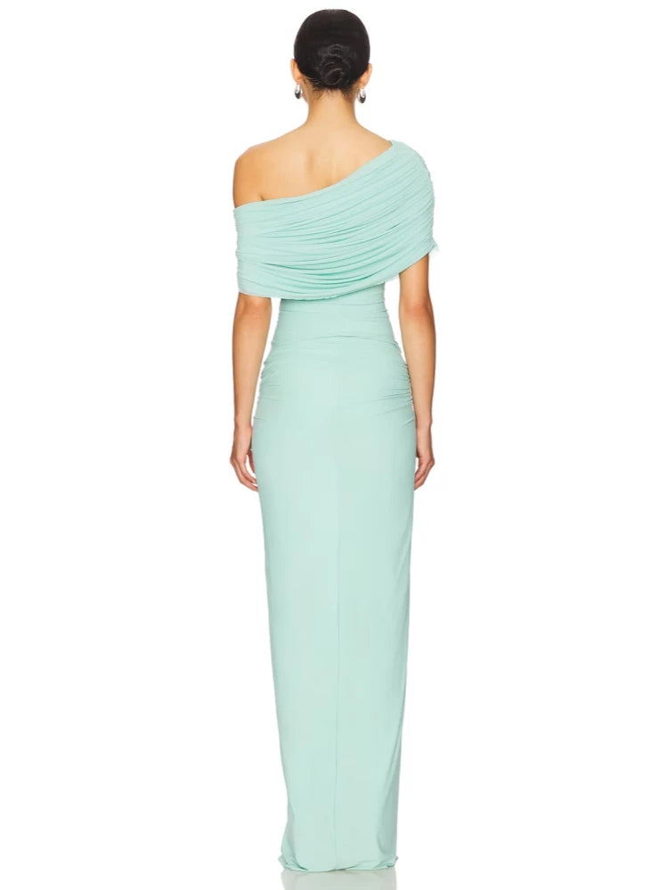 Mint green one-shoulder evening gown on a white background