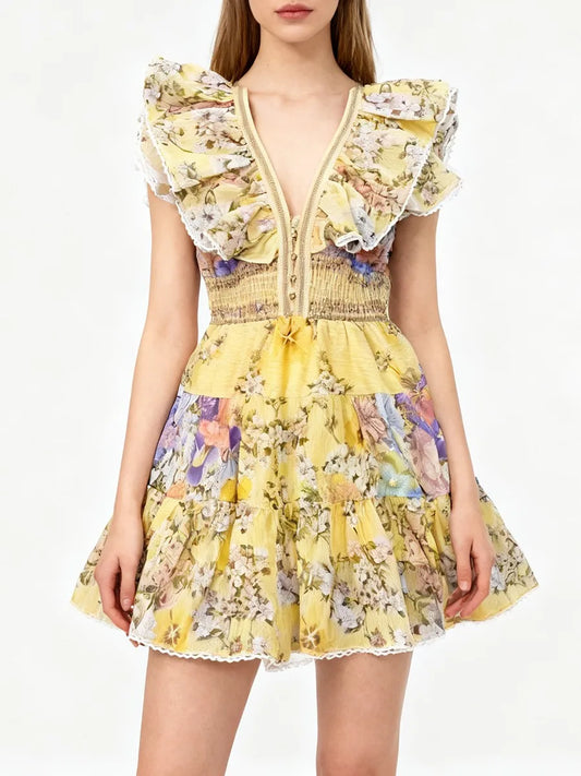 Ruffled V-neck sleeveless tiered mini dress with floral print detail