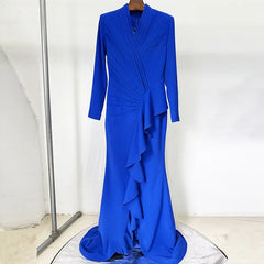 Blue evening gown on a hanger against a white background