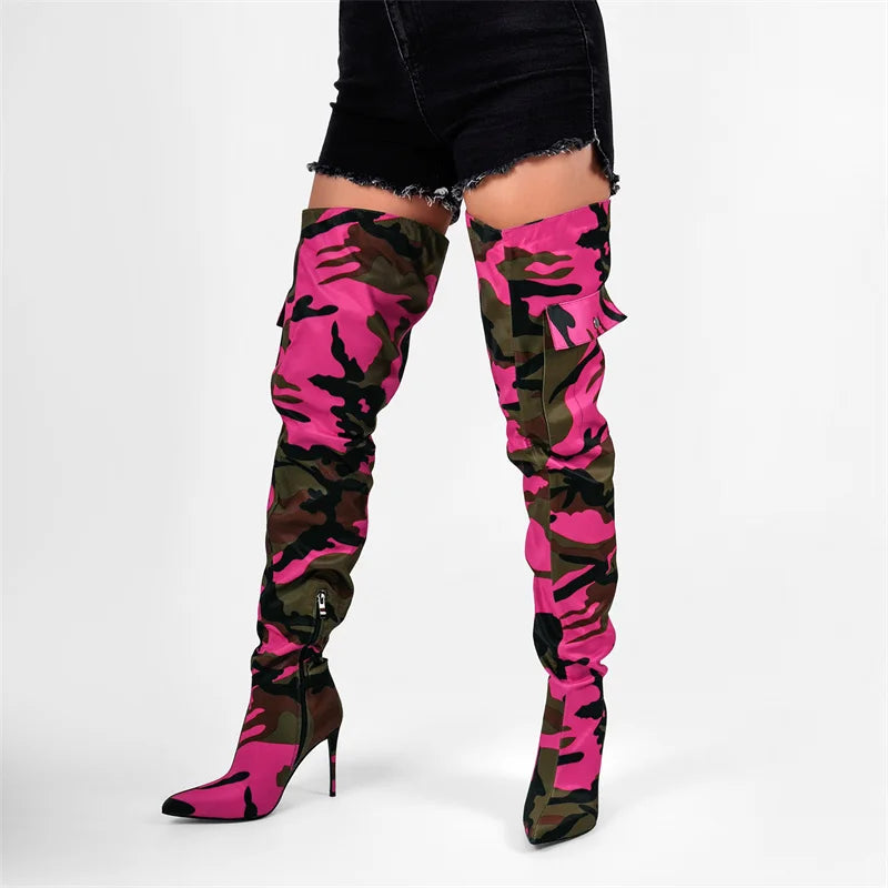Full leg view of pointed toe thigh high boots