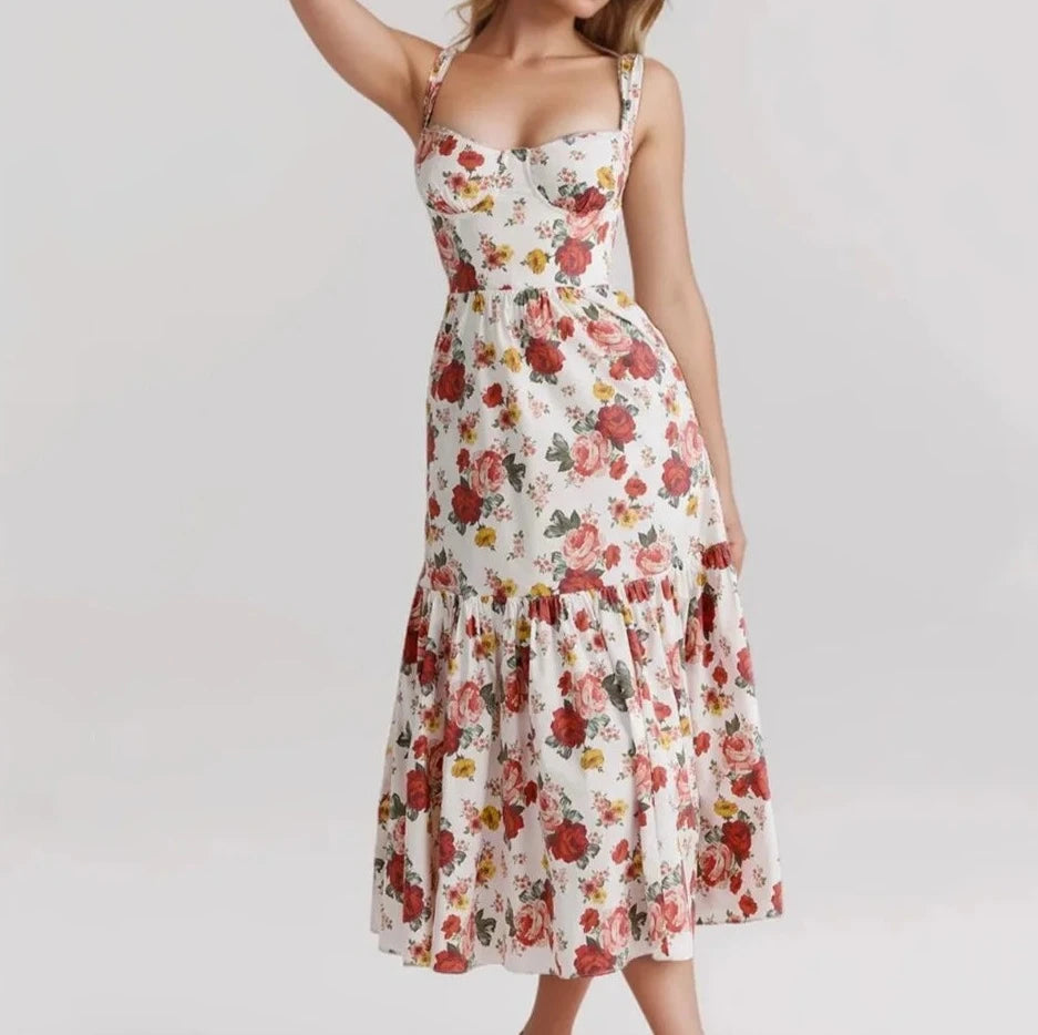 Flower Print Bra Chest Corset Style Ruffles Hem Midi Dress