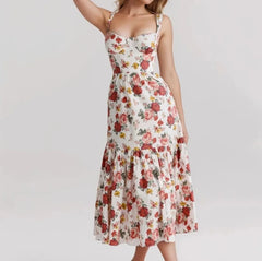 Flower Print Bra Chest Corset Style Ruffles Hem Midi Dress