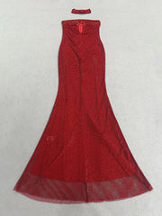 Red Strapless Diamond Embellished Maxi Dress