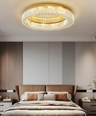 Modern bedroom with a large ceiling light fixture