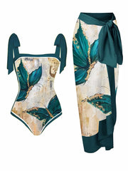 Floral Print Tie-Strap Bikini and Sarong Set