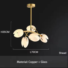Chandelier with dimensions and material details on a black background