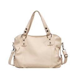 Beige tote bag with twin top handles and a detachable shoulder strap