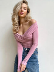Draped off-shoulder bodysuit with cross V-neck