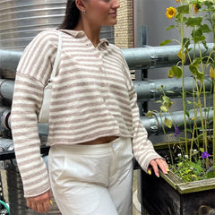 Beige and white striped knit collar coat