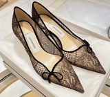 Pointed Toe Lace Bow Mesh Flat-heeled Women's Pump Shoes