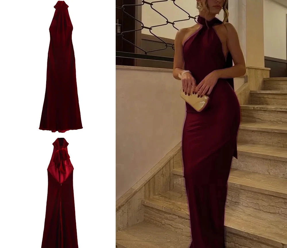 Velvet Wine Red Backless Halter Neck Dress