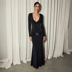 Black plunge neck full sleeve maxi dress with ruched waist detail