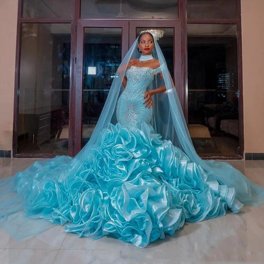 Crystal Mermaid Aqua Blue Prom Dress Ruffled Layered Long Gowns