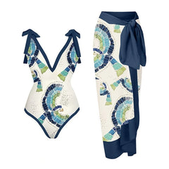 Tie-Strap V-Neck One-Piece Swimsuit with Matching Sarong Set