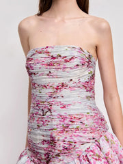 Floral strapless ruched mini dress bodice detail