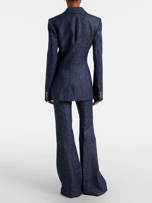 Back view of notched lapel single button blazer and flare leg trousers on model