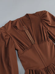 Brown Beaded Corset V Neck Long Sleeve Maxi Dress
