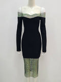 Crystal Hollow Fishing Net Design Long Sleeve Off Shoulder Black Dress