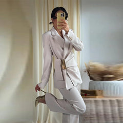 Ruched Waist Gold Buckle Blazer and Wide Leg Pants Set