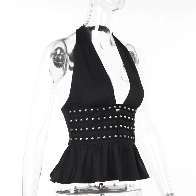 Black halter top with studded details on a mannequin against a white background