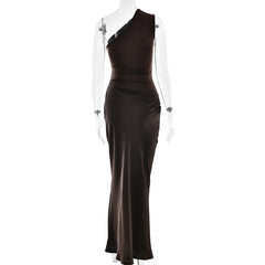 Satin One Shoulder Ruched Maxi Dress