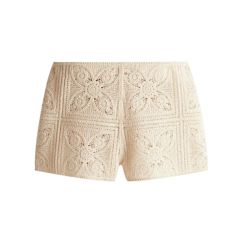Beige crochet shorts on a white background
