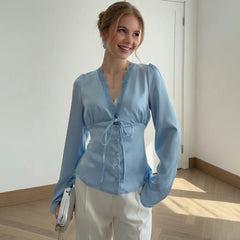 Satin Lace Trim Tie-Front Blouse with Bell Sleeves