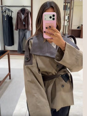 Faux Leather Patchwork Collar Belt Waist Cinched Jacket