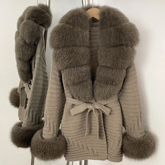 Fur Trim Belted Knit Jacket