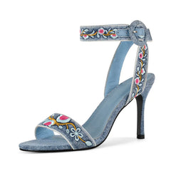 Denim Embroidered Stiletto Sandals