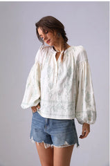 Embroidered Cotton Blouse with Lantern Sleeves