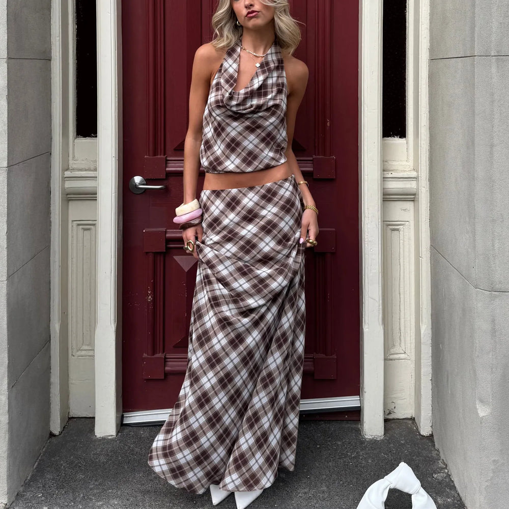 Brown plaid cowl neck halter crop top and matching maxi skirt set