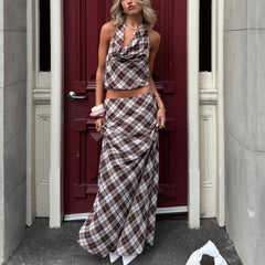 Brown plaid cowl neck halter crop top and matching maxi skirt set