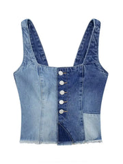 Front Button Patchwork Denim Top Elastic Wide Straps Camisole