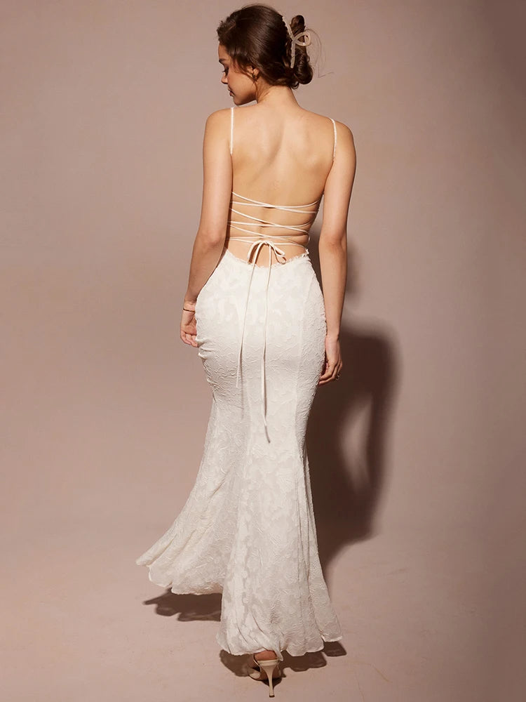 White Open Back Lace-up Spaghetti Strap Long Dress