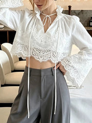 White lace-trimmed cropped blouse with long sleeves and tie-front V-neck