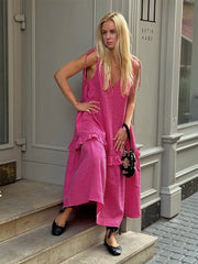 Pink Spaghetti Strap Ruffled Flowy Maxi Dress