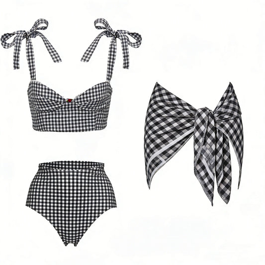 Black and white gingham bikini top and flared skirt with cherry detail