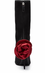 Black Satin Rosy 3D Flower Pointed Toe Stilettos Zip Ankle Boot