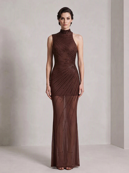 Crystal embellished mock neck sleeveless brown maxi dress