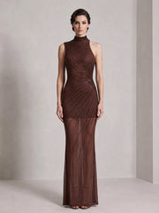 Brown Beaded Turtleneck Sleeveless Stand Neck Maxi Dress