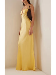 Yellow Dress Hollow Out Lace-up Straps Long Evening Dress